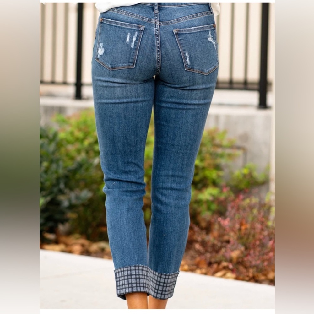 Judy Blue Plaid Cuff Mid Rise Slim Fit Distressed Denim Jeans Size 5/27 - Picture 2 of 12